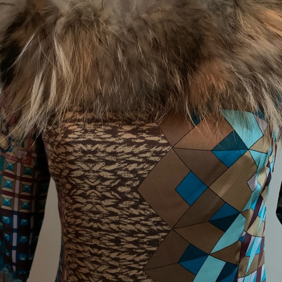 NWT Taka silk faux fur collar print dress - Picture 3 of 7
